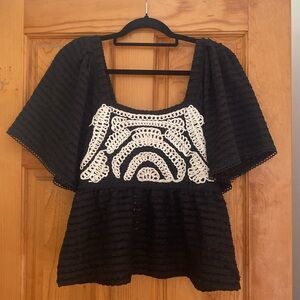 Anthropologie (Sarah Hann) Black & White Embroidered Peplum with Flutter Sleeves